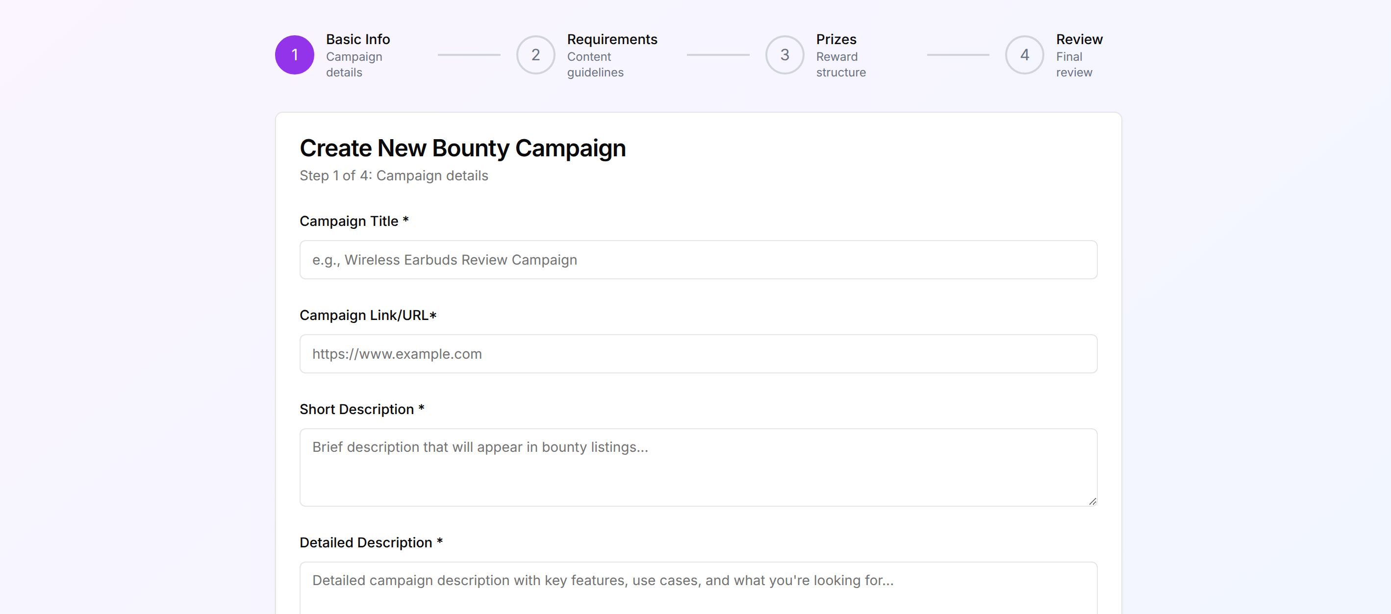Contest creation dashboard interface